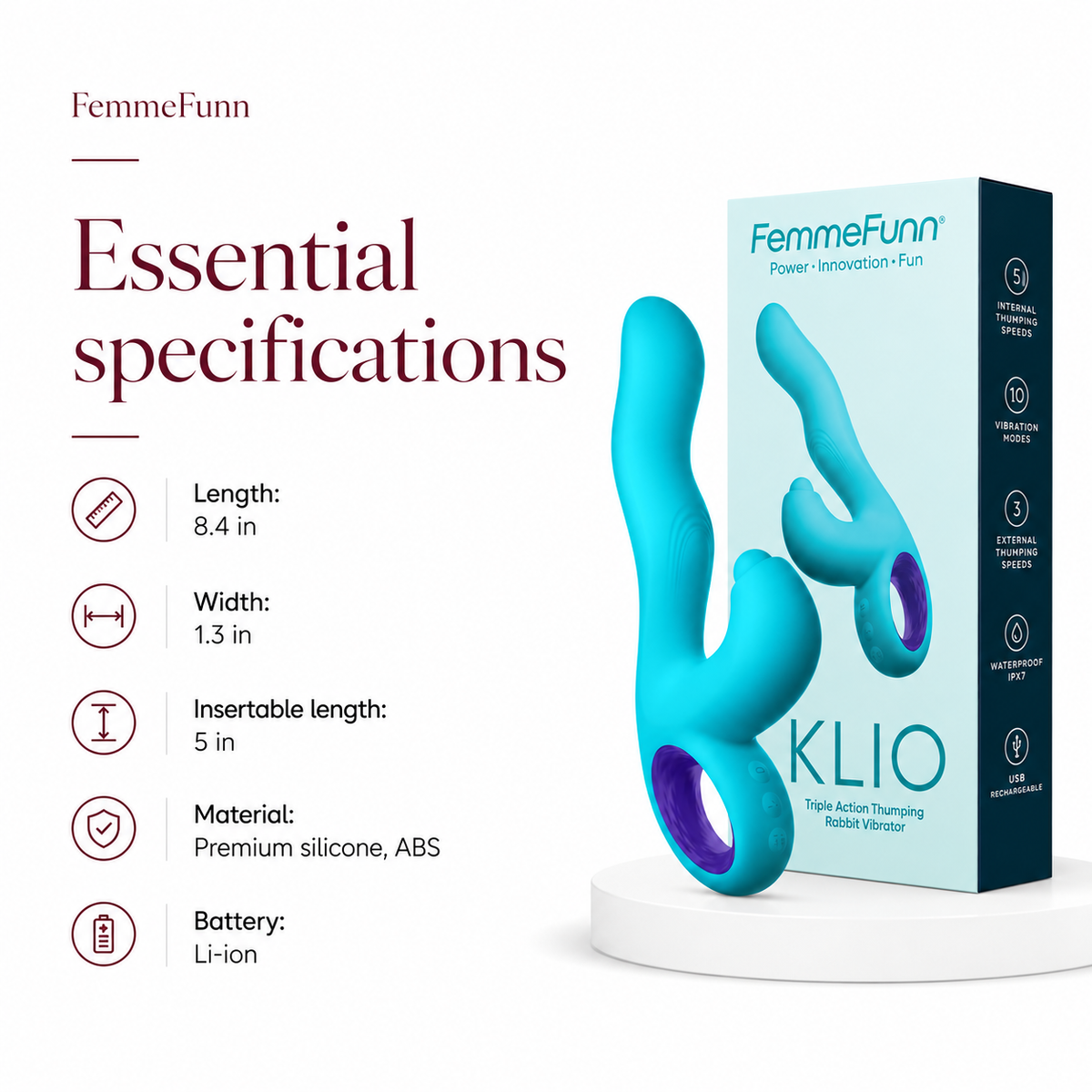 FemmeFunn Klio Rechargeable Silicone Triple Action Thumping Rabbit Vibrator Turquoise