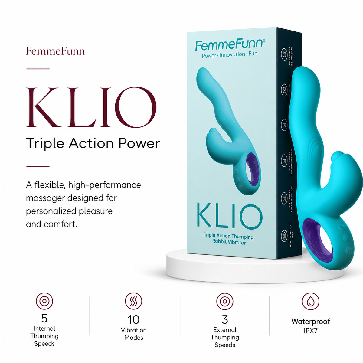 FemmeFunn Klio Rechargeable Silicone Triple Action Thumping Rabbit Vibrator Turquoise